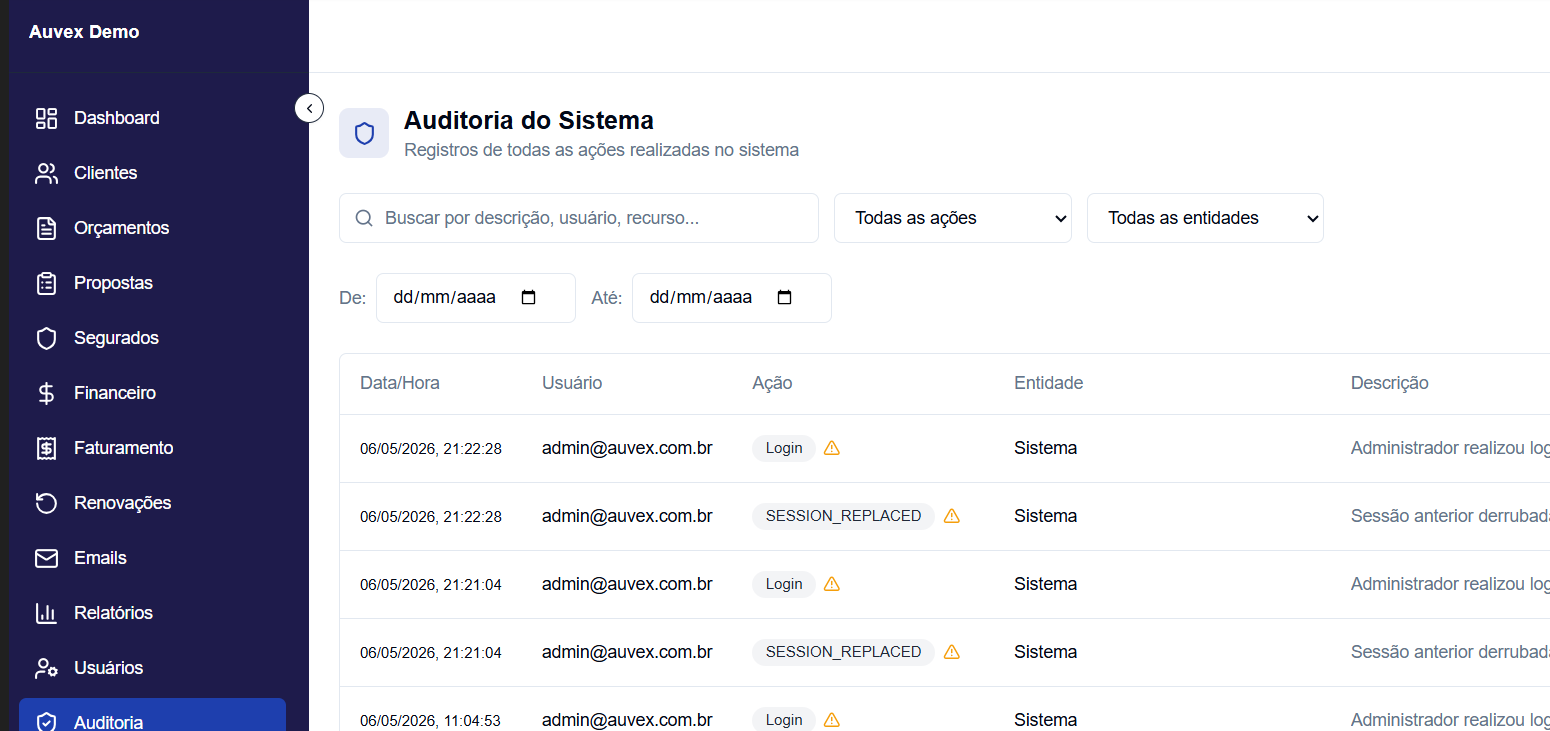 Lista de logs de auditoria