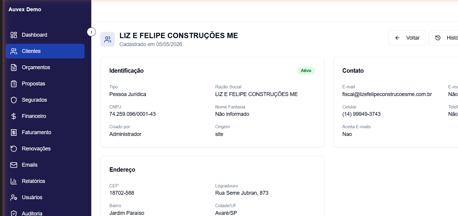 Seção de contatos do cliente