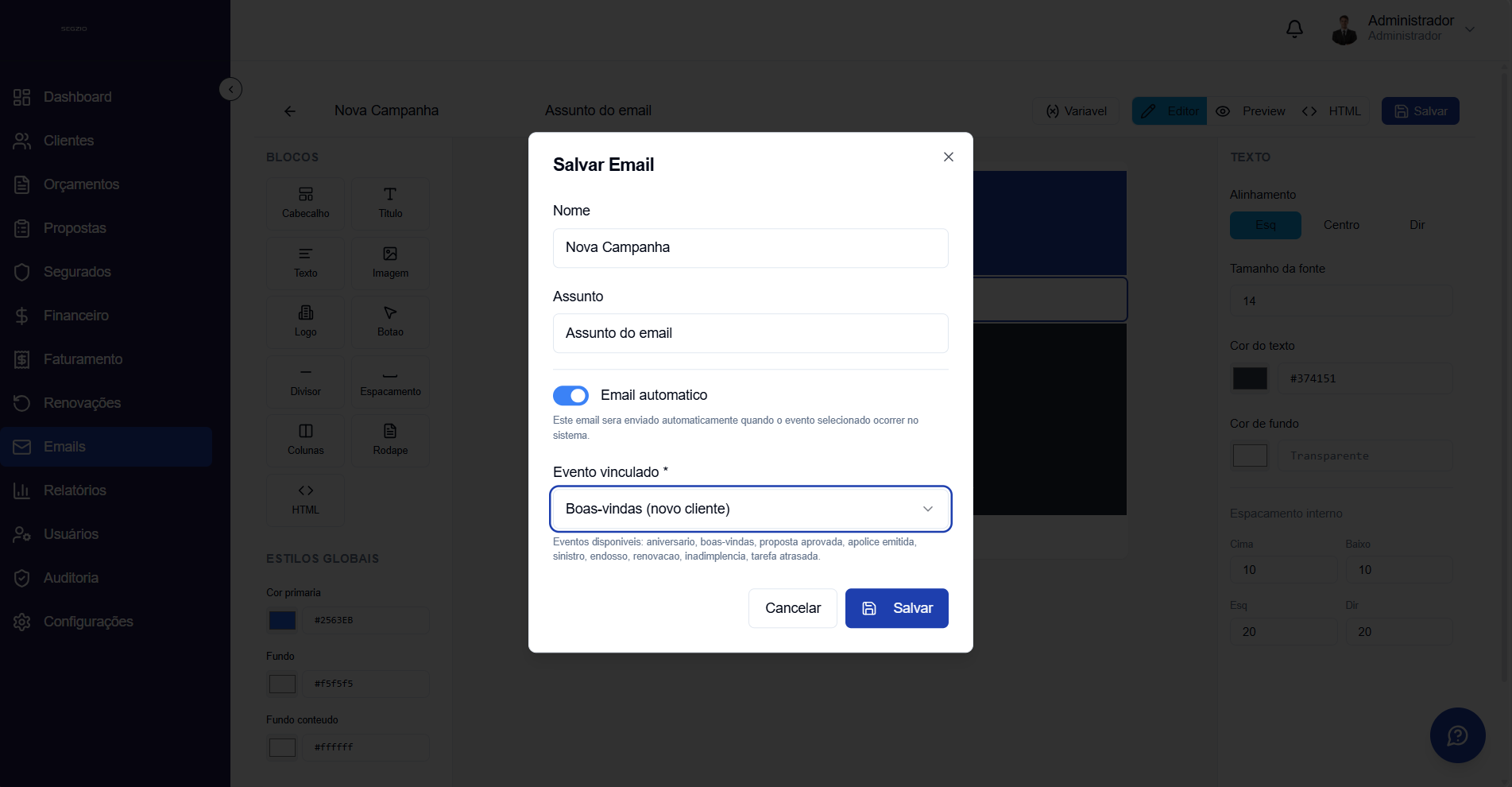 Diálogo Salvar Email com evento vinculado
