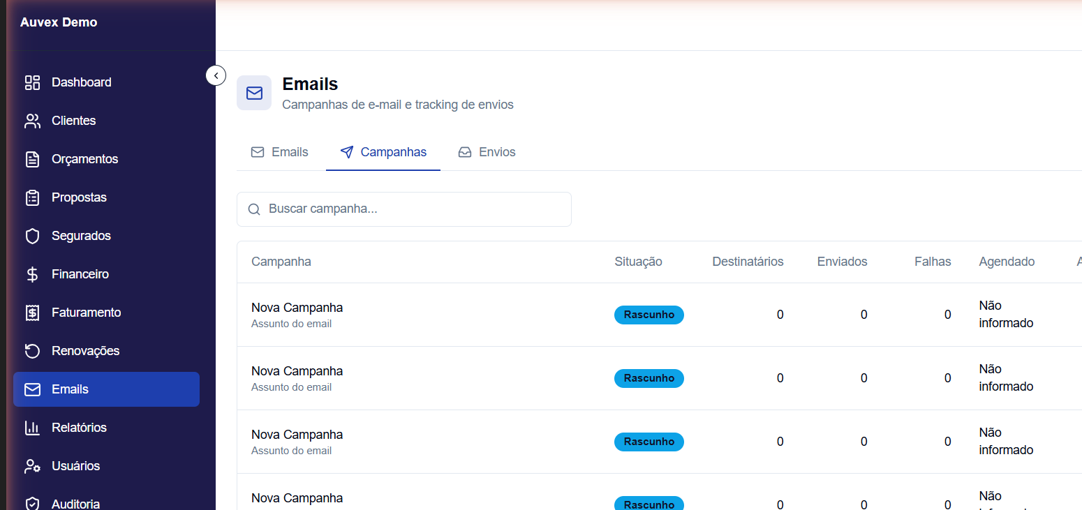 Lista de campanhas existentes