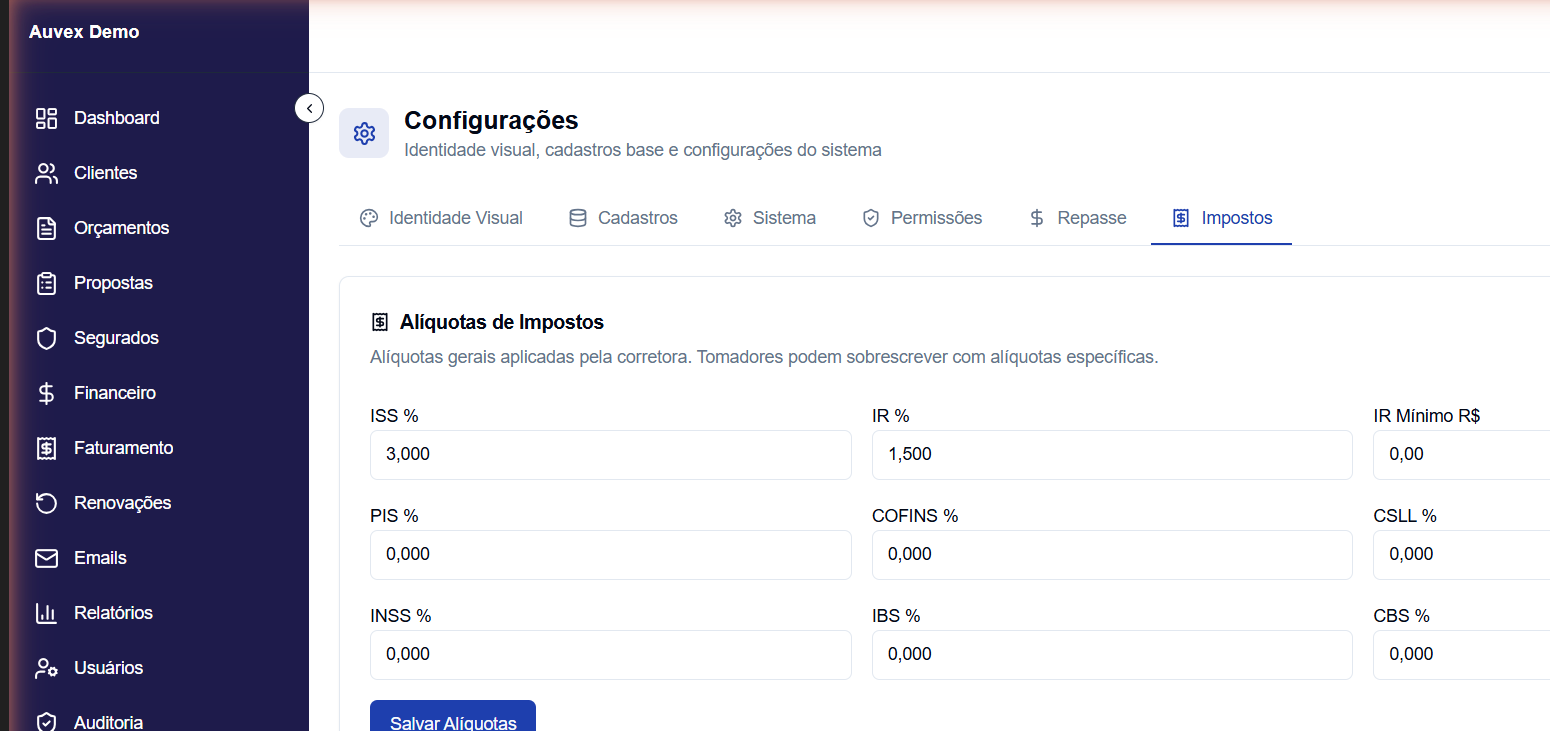 Configuração de alíquotas de impostos