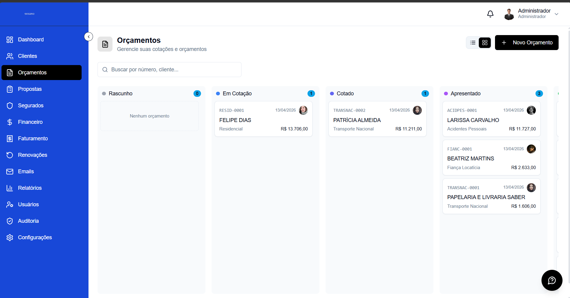 Modo Kanban de orçamentos