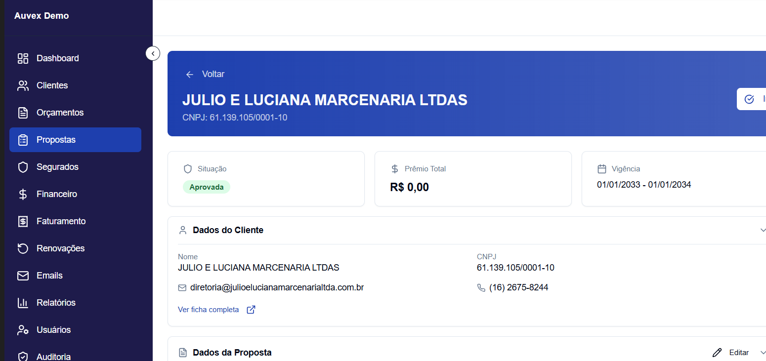 Tela de detalhe da proposta