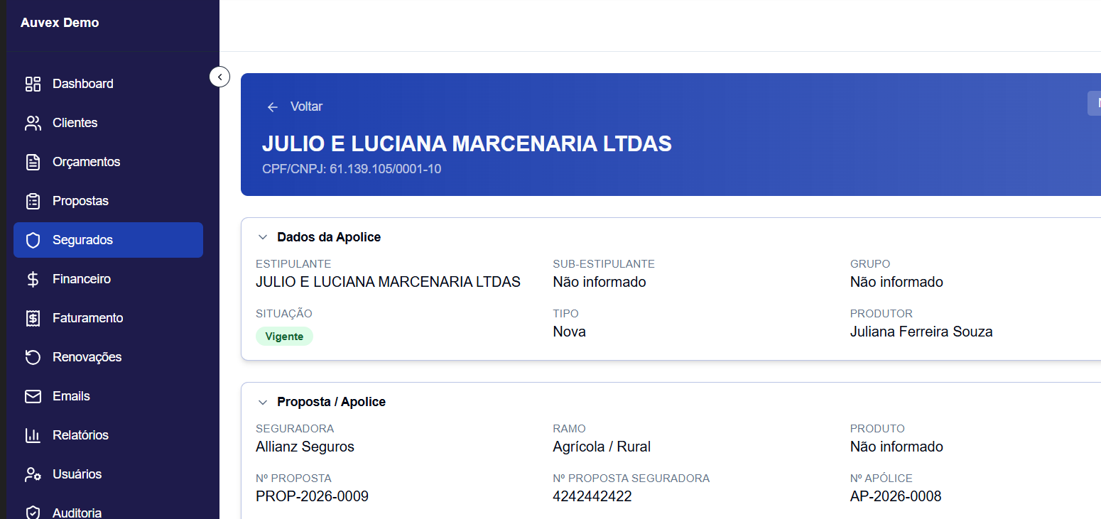 Tela de detalhe da apólice