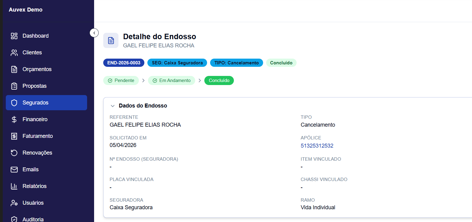 Formulário de novo endosso