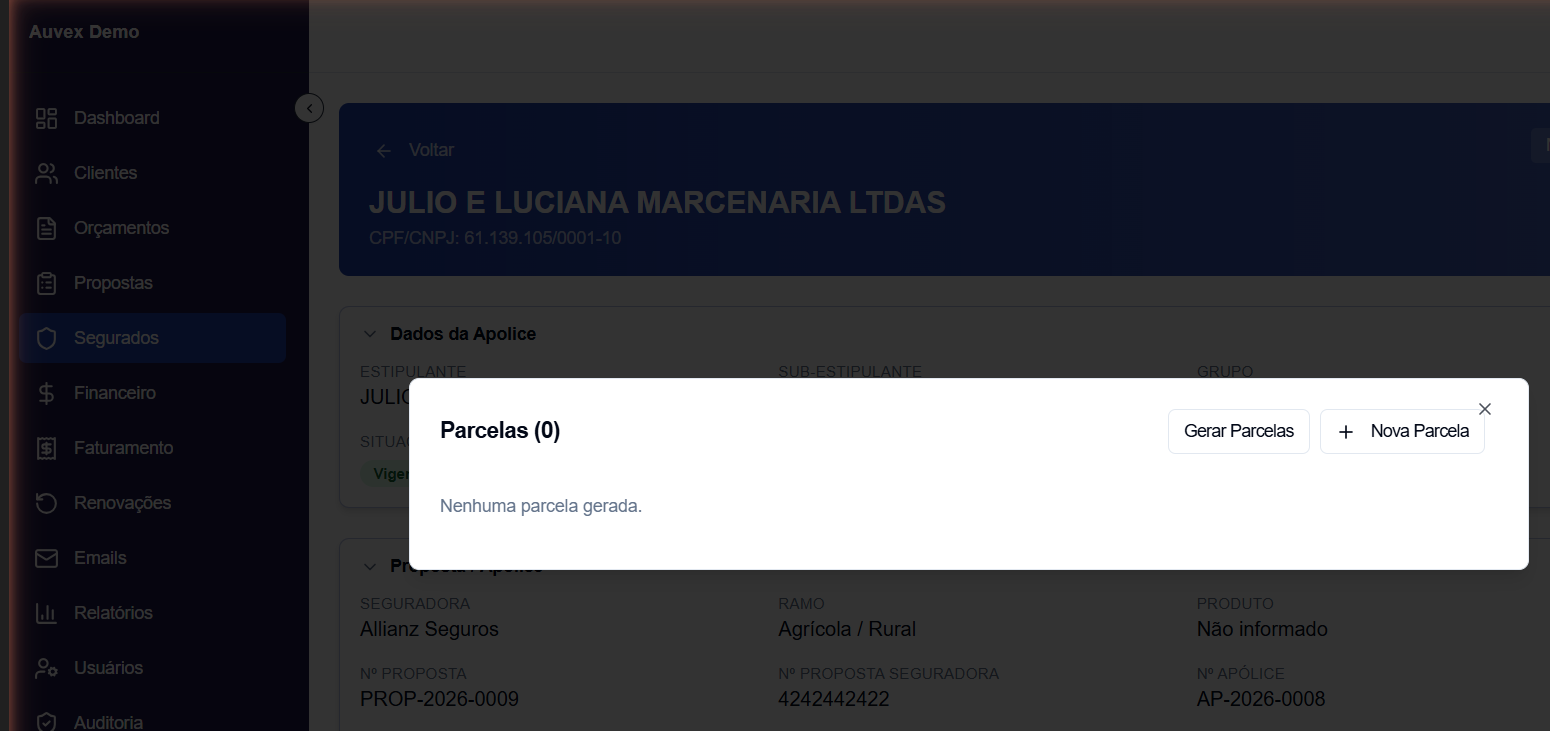 Diálogo de gerenciamento de parcelas
