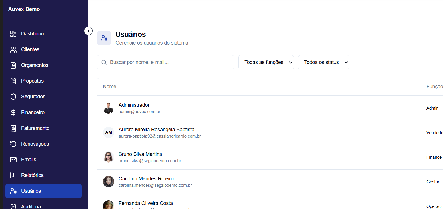 Lista de usuários da corretora